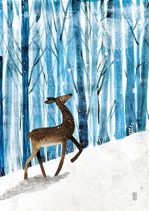 The Winter Print Print 20x30 Deer Print Forest Illustration