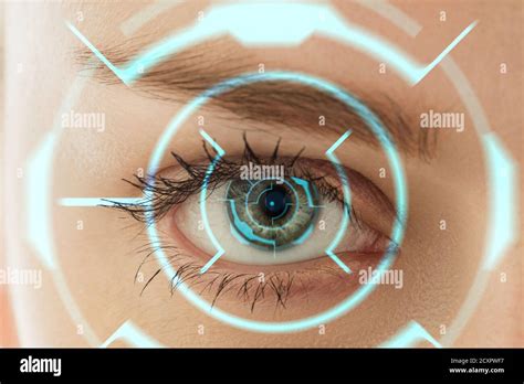 Close up. Future woman with cyber technology eye panel, cyberspace