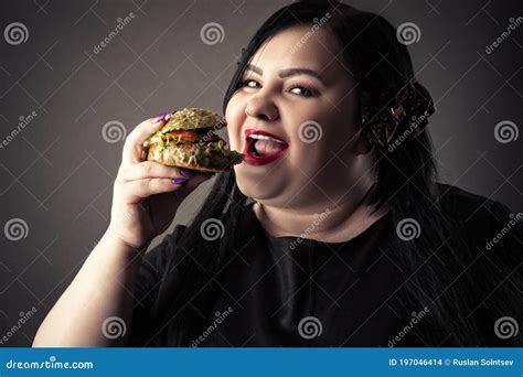 Portrait Fat Woman Eating Hamburger Closeup Stock Photo Image Of