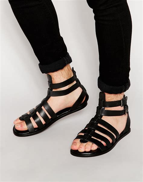 Asos Gladiator Sandals In Black Leather With Buckles In Black For Men