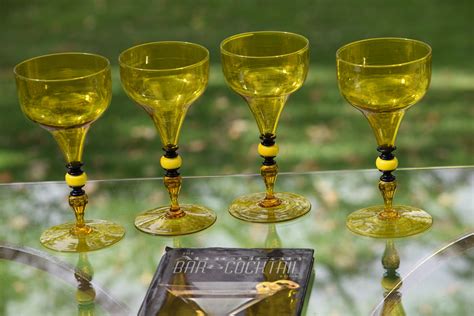 Vintage Yellow And Black Wine Glasses Set Of 4 Unique Hollow Stem Vintage Cocktail Glasses