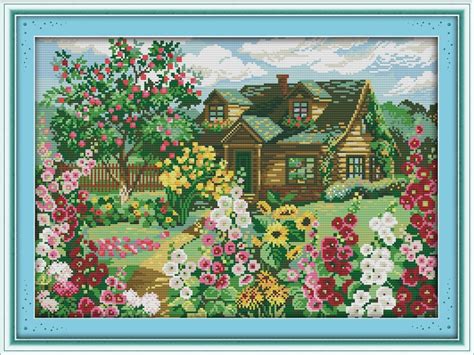 Country Cottage Cross Stitch Kit 18ct 14ct 11ct Count Printed Canvas