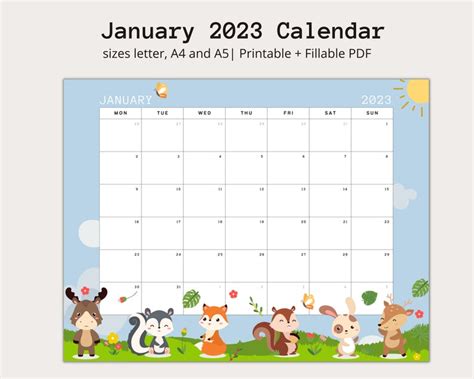 January 2023 Calendar Printable And Fillable Calendar Etsy