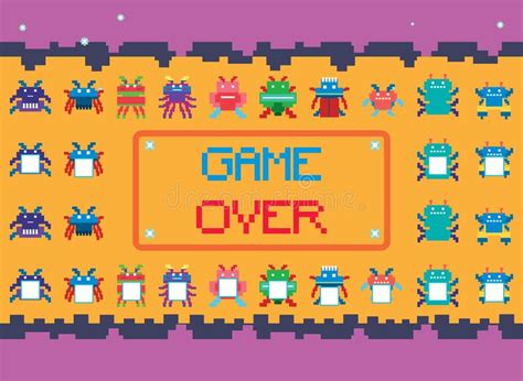 Pixel Space Game Interface With Game Over Button Stock Illustration
