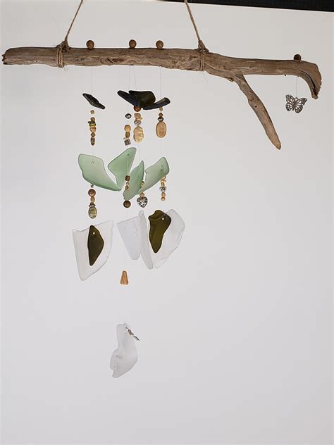 Green And White Sea Glass And Driftwood Wind Chime Plant Shop