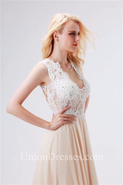 Sexy See Through Neckline Open Back Long Champagne Chiffon Lace Prom Dress