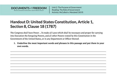 Handout D The United States Constitution Article I Section 8 Clause