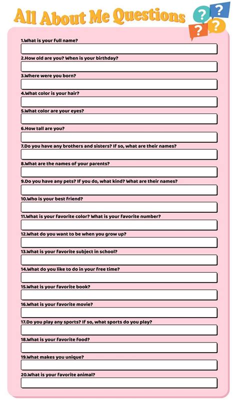 An All About Me Question Sheet