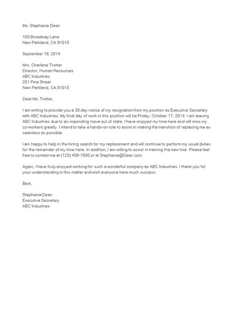 Kostenloses Resignation Letter Format With 30 Days Notice
