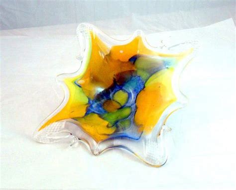 Murano Art Glass Bowl Starburst Free Form Orange Blue Yellow Etsy