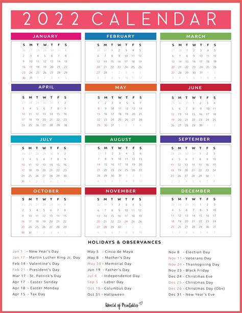 2022 Calendar With Holidays Printable 9 Templates