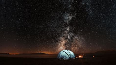Download Wallpaper 2048x1152 Tent Starry Sky Night Tourism Ultrawide