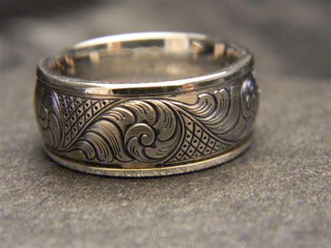 10mm Wide Titanium Hand Engraved Ring With 14k White Gold Wrap And