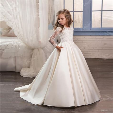 Pageant Dress Long Sleeves And Appliques Satin White Ivory Flower Girl