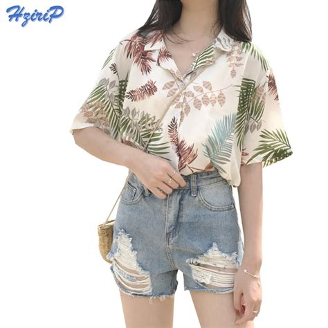 Hzirip 2017 Summer New Beach Shirt Women Short Sleeve Lapel Print Loose Cool Chiffon Blouse