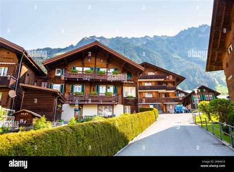 Traditional Wooden Chalets In Wengen Switzerland Stock Photo Alamy