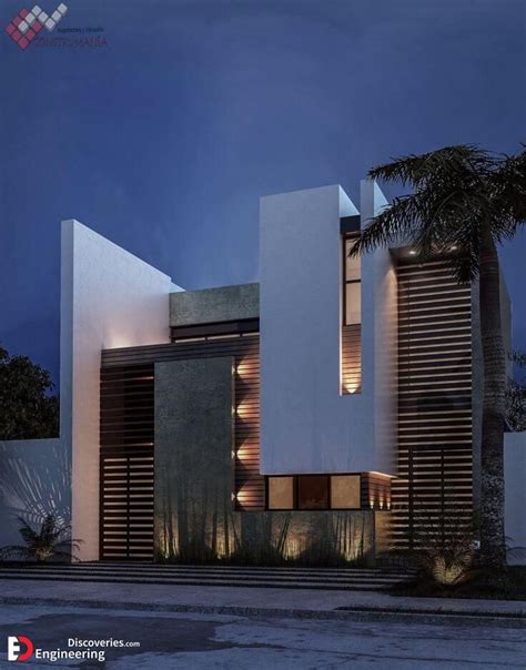 An Architectural Rendering Of A Modern House At Night With Palm Trees