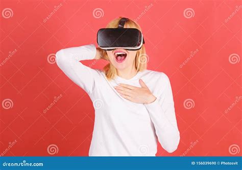 Woman Wearing Virtual Reality Goggles Happy Woman Exploring Augmented World Interacting With