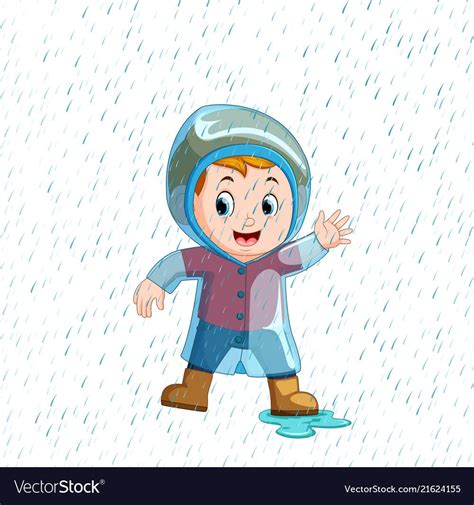 Illustration Of Little Boy Wearing Blue Raincoat And Heavy Rain