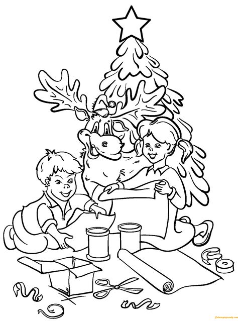 Chrildren And Reindeer Are Decorating Christmas Tree Coloring Page