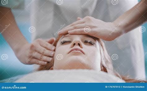 Massage Female Masseuse Is Kneading Her Clients Face With Palms Stock Image Image Of Person