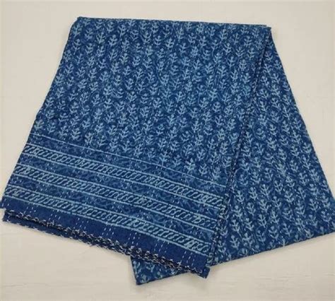 Cotton Queen Size Indigo Blue Vintage Kantha Bedcover For Home Hotel