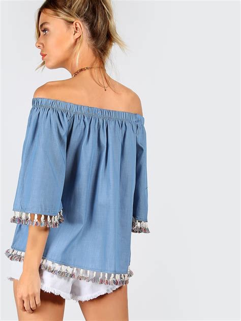 Chambray Off Shoulder Tassel Pom Top Denim Blue Sheinsheinside