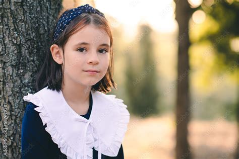 Cute Child Girl 6 7 Year Old Wear School Dress With White Collar