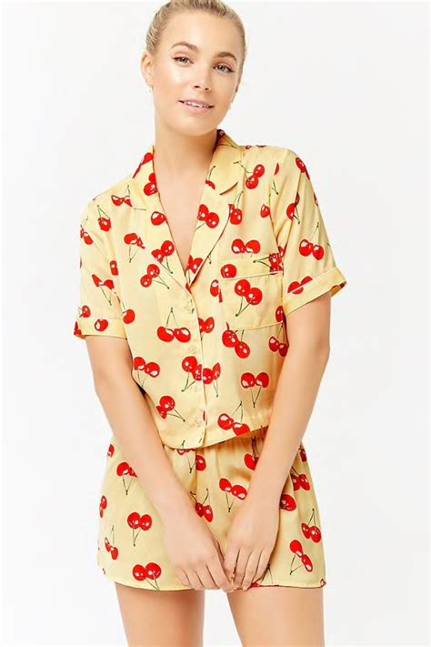 Satin Cherry Print Pajama Set Silk Pajamas Women Linen Fashion Print Pajamas