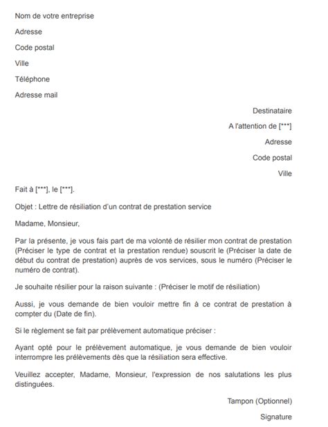 Mod Le Lettre De R Siliation D Un Contrat De Prestation De Service
