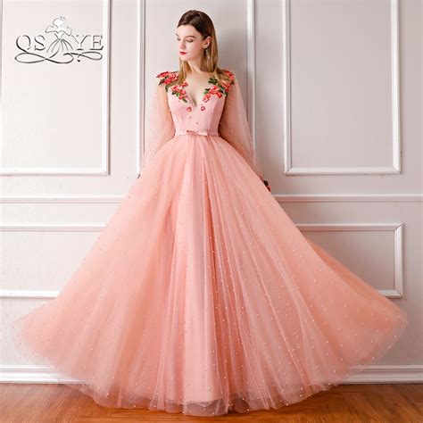Qsyye 2018 New Arrival Vintage Pink Prom Dresses Sexy V Neck Pearls 3d