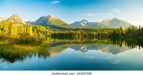 Panorama High Resolution Mountain Lake Strbske Stock Photo 613927349