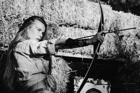 lessons of shooting a bow girl archer shooting with bow and arrow stock image image of