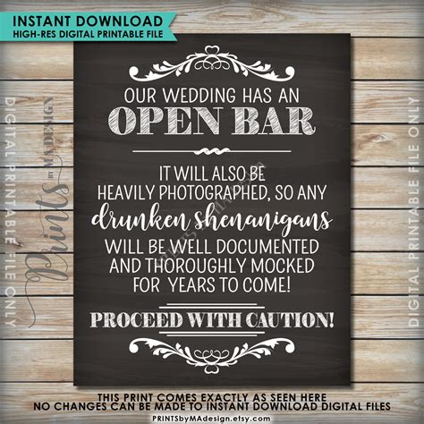Open Bar Sign Wedding Bar Caution Sign Drunken Shenanigans Documented