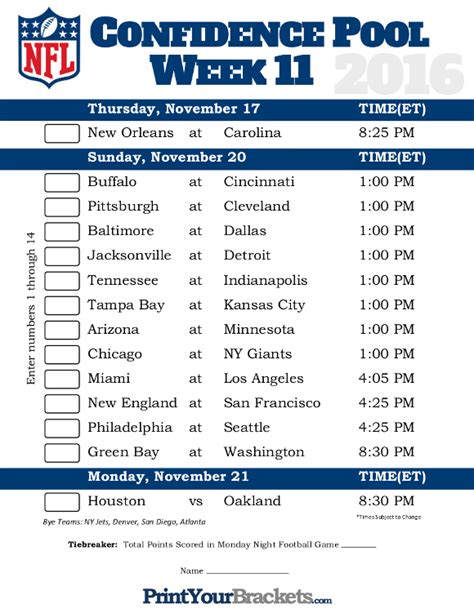Printable Nfl Schedule Week Customize And Print