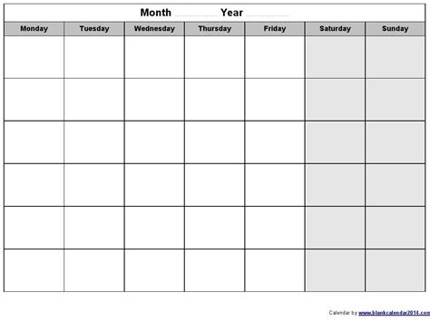 Print Calender Start Monday Blank Calendar Template Printable