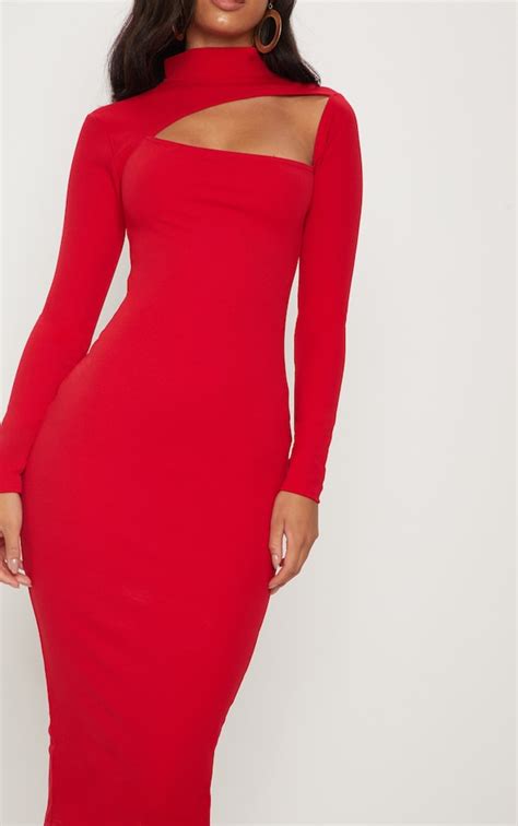 Red High Neck Cut Out Detail Midi Dress Prettylittlething