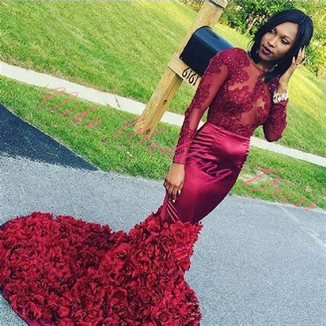 2017 Sexy Wine Red Prom Dresses Black Girl Sheer Mermaid Long Sleeves