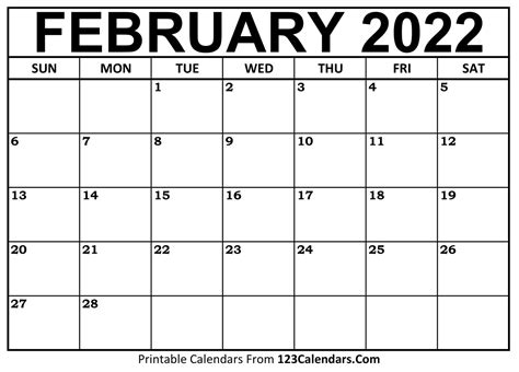 Feb 2022 Calendar Printable Printable Calendar 2023