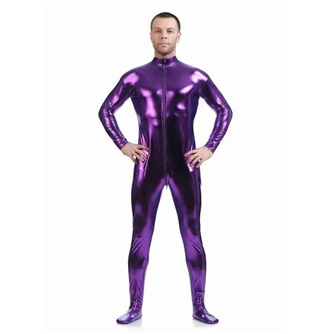 Purple Shiny Metallic Lycra Catsuit Zentai Wet Look Bodysuit Unitard Front Zip Costume In Zentai
