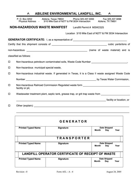 Non Hazardous Manifest Fillable Form Fill Out And Sign Printable Pdf