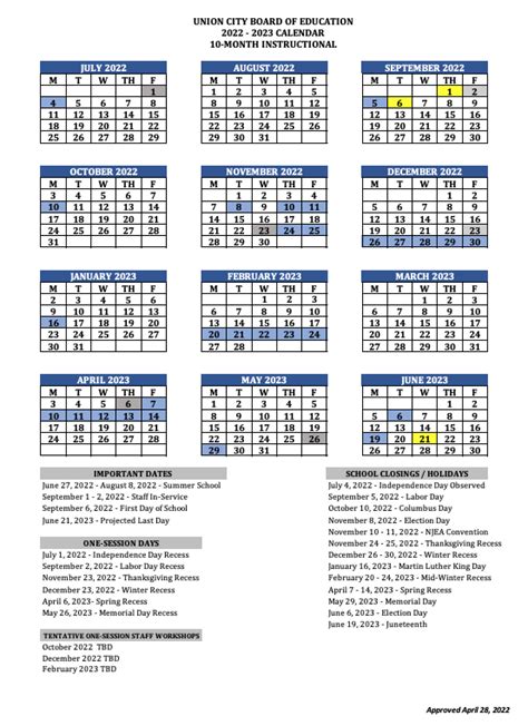 2022 2023 School Calendar Calendar Union City Public Schools