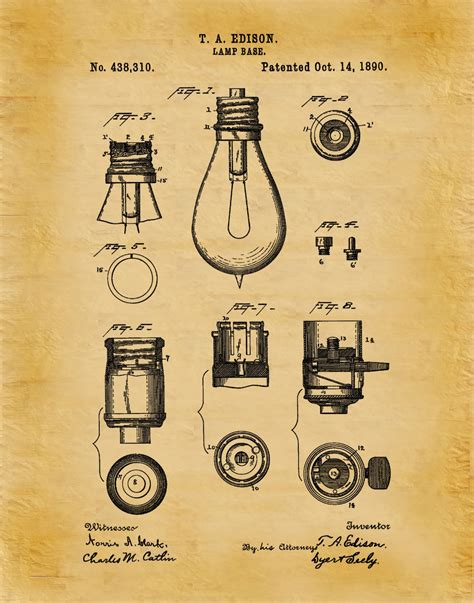 Patent Edison Light Bulb Base Art Print Poster Wall Art Thomas Edison Patent