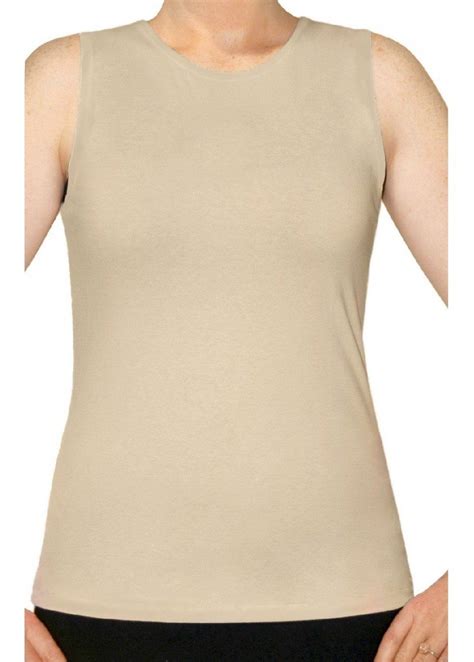 Beige Womens Modest Sleeveless Tank Full Shoulder High Neck Layering