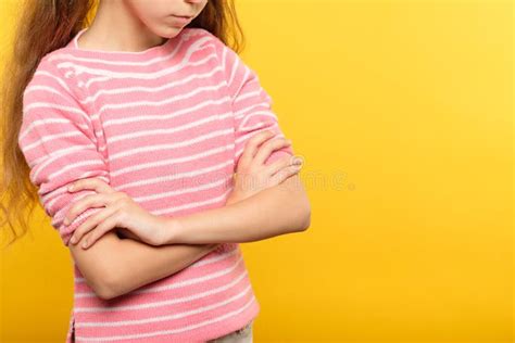 Sad Depressed Girl Yellow Background Crossed Arms Stock Photo Image