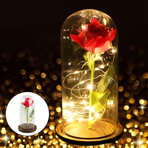 Artificial Silk Rose Flowers In A Glass Dome With Led Light String