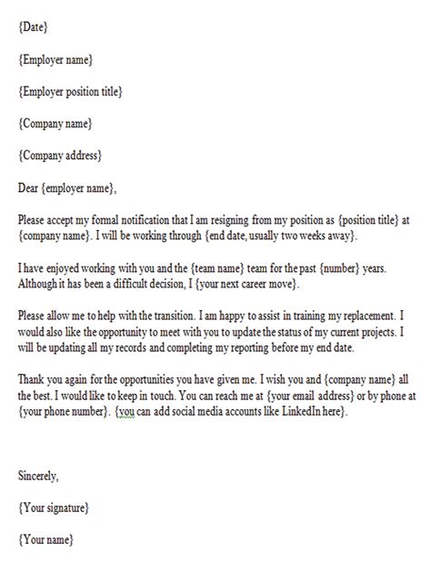 Sample Resignation Letter With A Reason For Leaving Template