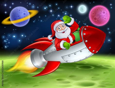 Vecteur Stock Santa In His Space Rocket Sleigh Flying Over An Alien Sci
