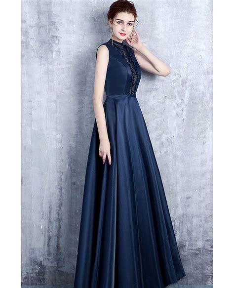 Unique Navy Blue Beaded High Neck Prom Dress Satin Formal Dress with ...