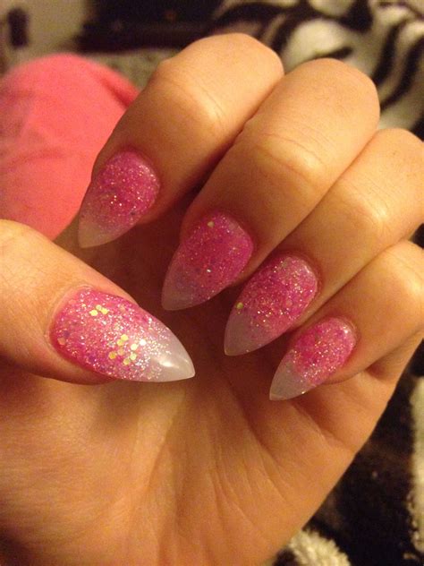 Pink glitter to clear acrylic stilettos | Almond shaped nails designs ...